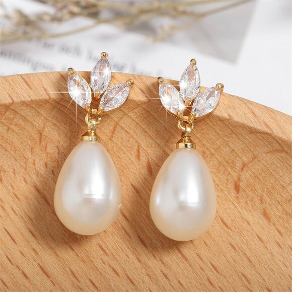 🆕 Women Gold Trendy Pearl Drop Dangle Earrings Cubic Zirconia Brides Jewelry - Picture 5 of 6